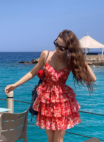 Red Print Floral A Line Spaghetti Strap Layered Chiffon Short Homecoming Dress Vacation Dresses HZ1023
